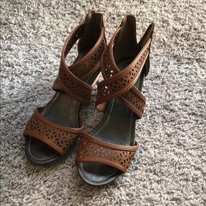 Brown leather wedge heel sandal